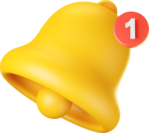 3D Notification Bell Icon. 3D Render Yellow Ringing Bell with New Notification for Social Media Reminder.