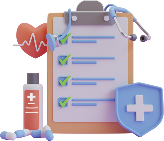 3d rendering medical report with blood tube , pills and stethoscope. Signing health checklist, medical check up report.3D render illustration
